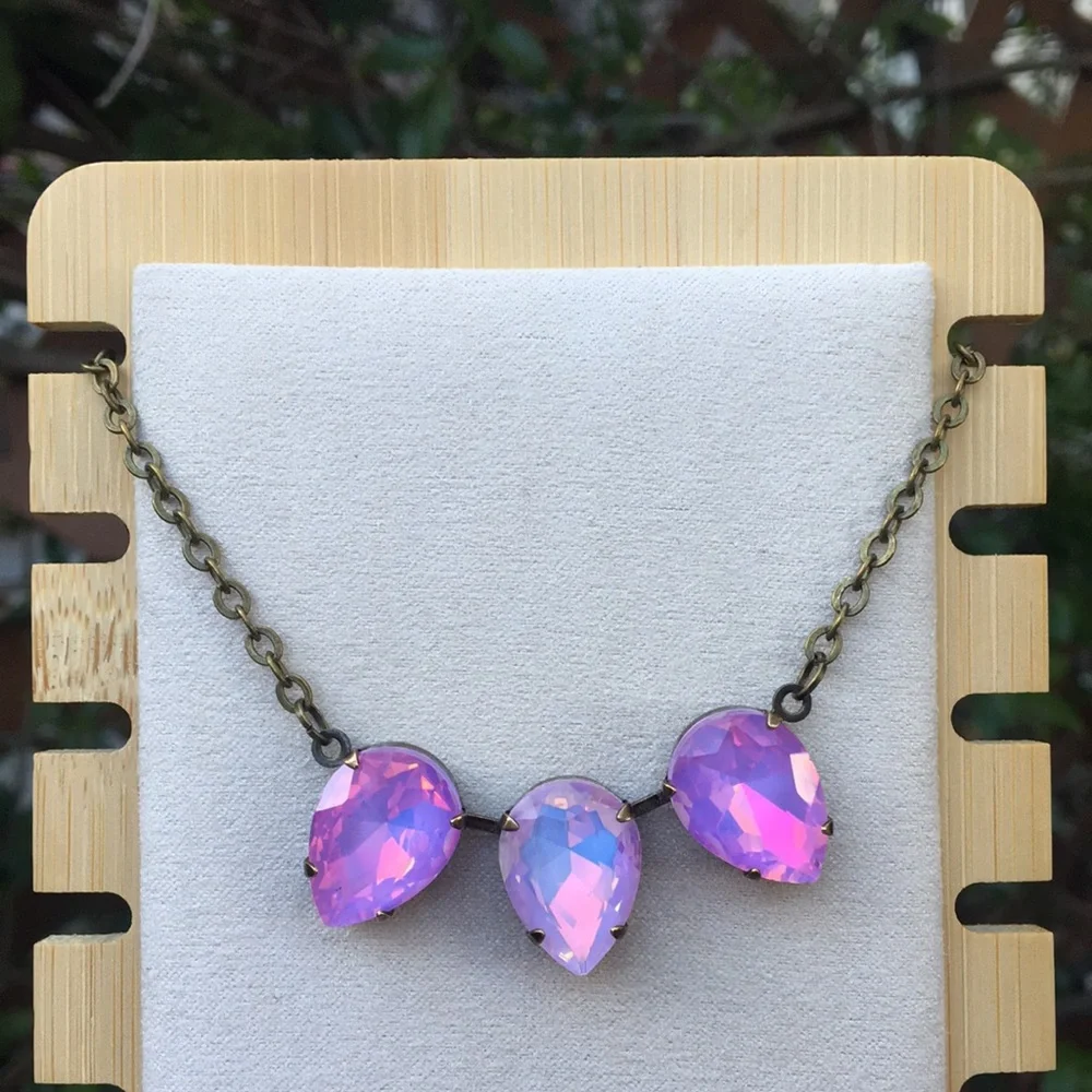 Purple + Pink Opal Aurora Borealis Antique Brass Pear Crystal Necklace